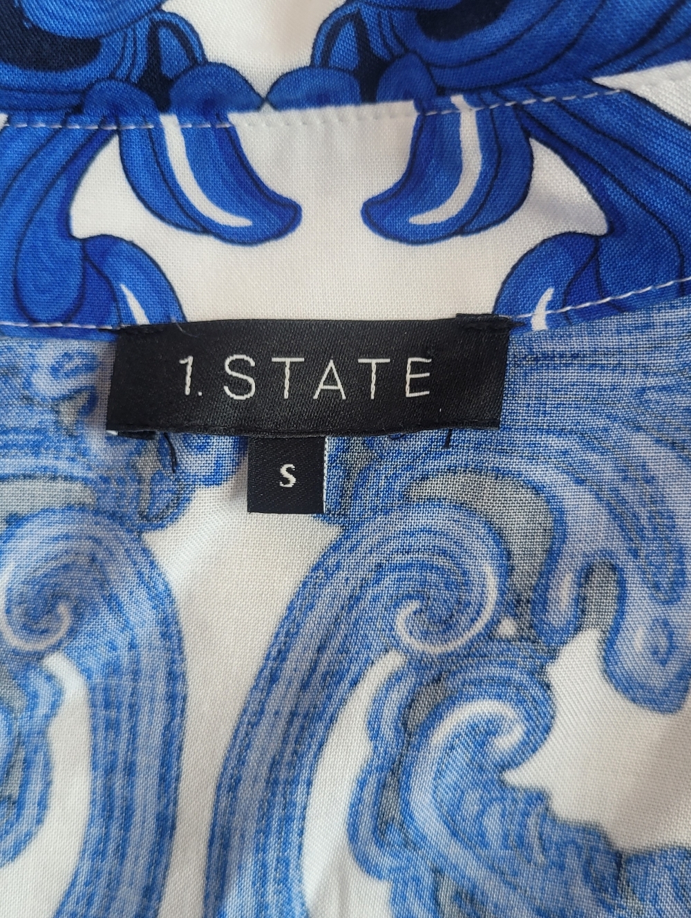 1.STATE Blue White Baroque Print Maxi Shirt Dress Belted Boho Resort Sz S - Picture 2 of 9